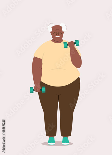 One Overweight Black Elderly Man Standing And Lifting Dumbbells With Both Arms.