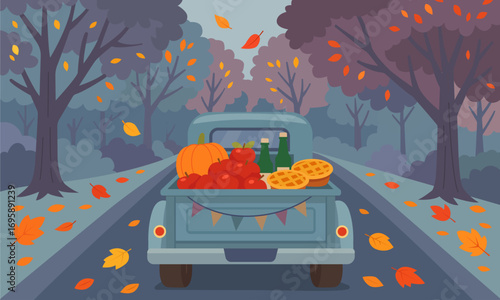 Vector illustration of a vintage pickup truck loaded with pumpkin, apples, pies and drinks driving through autumn forest. Perfect for fall, harvest, and seasonal design projects.