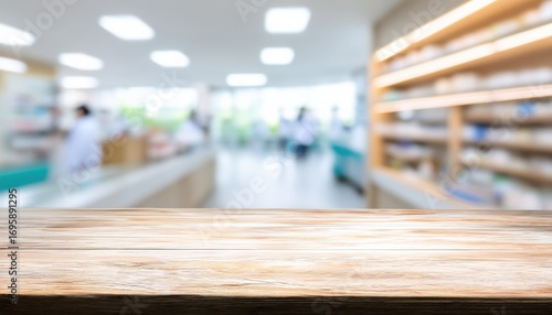 Wallpaper Mural Empty wooden brown tabletop featuring a blurred pharmacy background, creating an ideal setting for product placement and display Torontodigital.ca