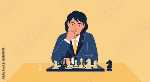 Thoughtful Businesswoman Strategizing a Chess Game on a Table, Focused on Decision-Making and Planning