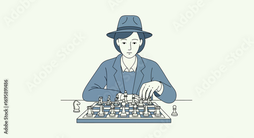 Strategic Focus: Woman in Fedora at Chessboard