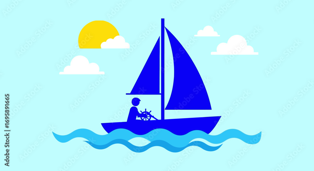 Naklejka premium Minimalist Flat Design Vector Man Sailing on Calm Blue Ocean