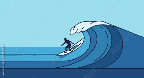 Stylized Surfer Silhouette on a Massive Ocean Wave at Sunset or Sunrise