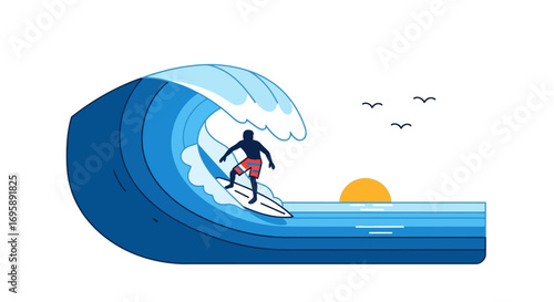Stylized Surfer Silhouette on a Massive Ocean Wave at Sunset or Sunrise