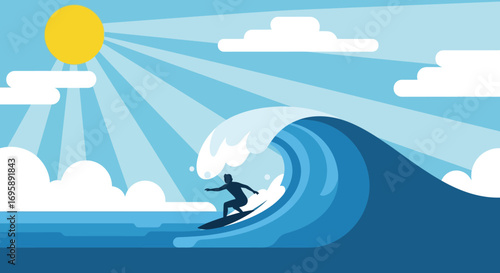 Stylized Surfer Silhouette on a Massive Ocean Wave at Sunset or Sunrise