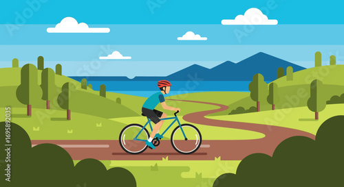 Vibrant Flat Design Cyclist in Sunny Park Landscape