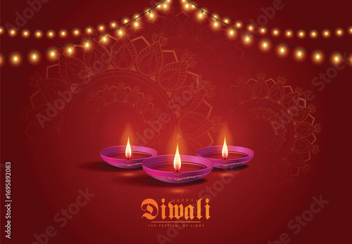 Diwali Festival Background with Glowing Diyas, Mandala Art, and String Lights
