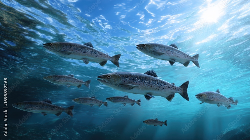 Naklejka premium Underwater scene featuring a school of fish swimming together.