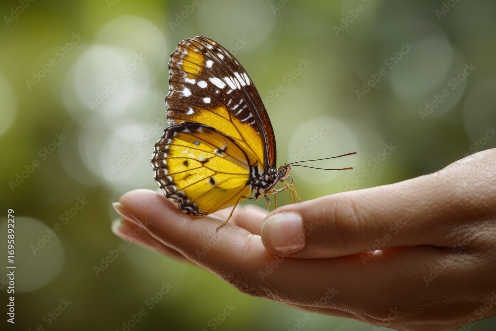 Obraz premium A yellow butterfly sits on a human hand against a blurred green background