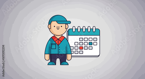 Flat design illustration of a professional worker character standing next to a calendar for scheduling appointments and managing deadlines