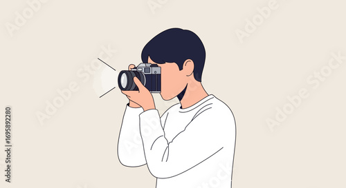 Vector illustration of a young male photographer holding a classic camera and capturing a moment with a bright flash, representing the art of photography