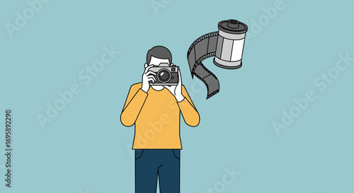 Exploring the creative passion of analog photography with a minimalist illustration of a photographer and film