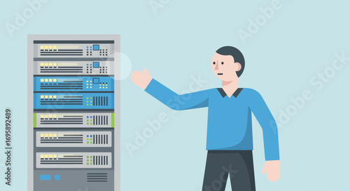 Male IT professional working on a server rack in a data center, a concept for network administration, cloud computing, and technology support