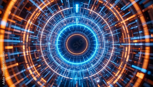 Abstract concentric circles with blue and orange glowing lines and a central black void space