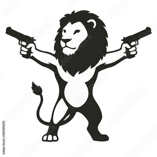 Lion character with guns in both paws, bold black and white design on a transparent background