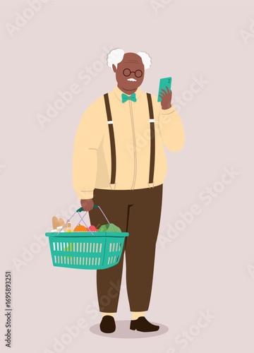 One Plus Size Black Elderly Man With Grocery Basket Looking At His Handphone.
