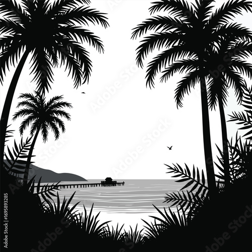Palm trees framing a tropical bay with a pier and hut