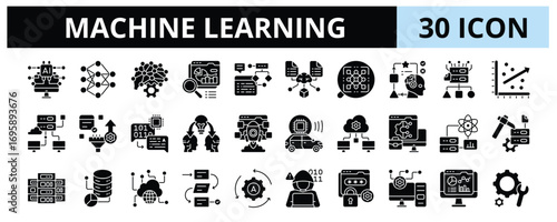 30 Machine Learning Glyph Icons Vector - Artificial Intelligence, Neural Network, Data Analysis, Classification, Cloud Computing, Database, IOT