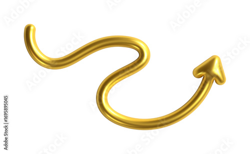 3d golden doodle up arrow in shape wave. Y2k wave, chrome squiggle, swirl arrow. Gold metal line point. Y2k design element. Bubble arrow shape. Vector 3d illustration
