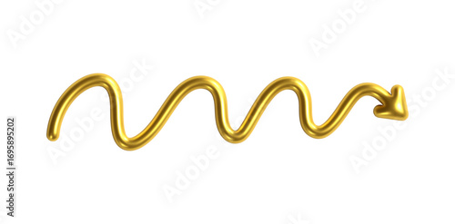 3d golden doodle arrow in shape wave. Y2k wave, chrome squiggle, swirl arrow. Gold metal line point. Y2k design element. Bubble arrow shape. Vector 3d illustration