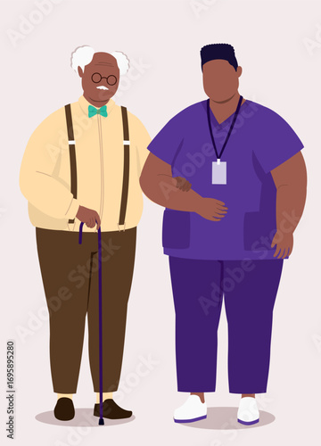 Plus Size Black Male Nurse With Medical Scrubs Helping An Elderly Man.