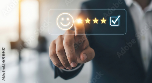 Customer satisfaction rating with a finger touching a star and checkmark on a digital screen interface representing feedback and review.