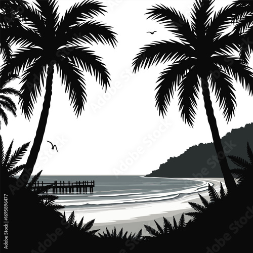 Tropical bay with palm trees and wooden pier silhouette