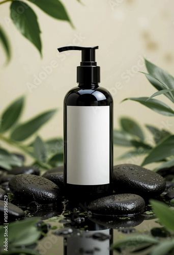 Natural skincare product with blank label mockup featuring a black bottle with pump cap, surrounded by deep black stones, puddle and raindrops on green leaves