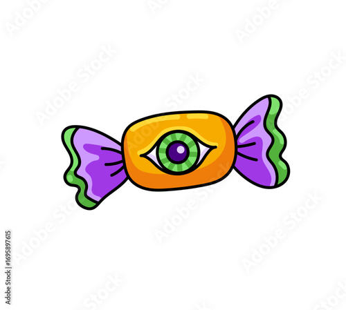 Halloween creepy candy with eye. Eyeball Candy. Sweet treat. Cartoon vector isolated illustration.