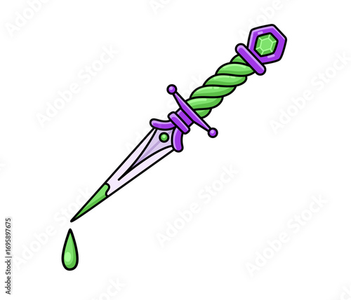 Magic witch dagger with dripping potion. Witchcraft element. Comic vector isolated illustration.