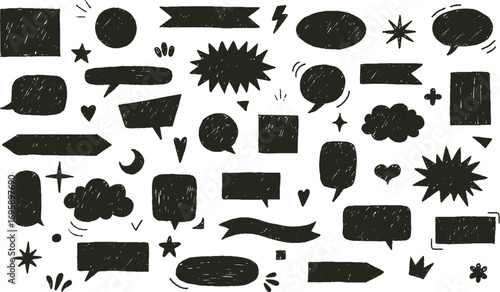 Black crayon or charcoal sketch shapes vector set, graphite chalk or pencil figures, bent tapes, text box, speech bubble