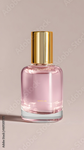 Elegant glass perfume bottle with gold cap and delicate pink liquid, perfect for beauty and luxury advertising campaigns