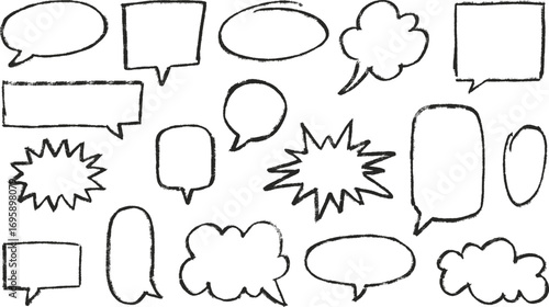 Speech bubble black chalk outline blanks vector set, dialogue cloud shapes, cartoon crayon communication frame, text box