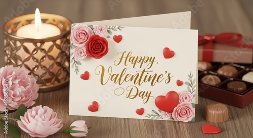 Wallpaper Mural A romantic Valentines card has golden handwritten letters saying "Happy Valentines Day" and is decorated with red hearts and pink flowers. Torontodigital.ca