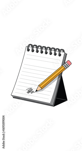 A simple drawing shows a notepad with a pencil creating a drawing on its lined pages
