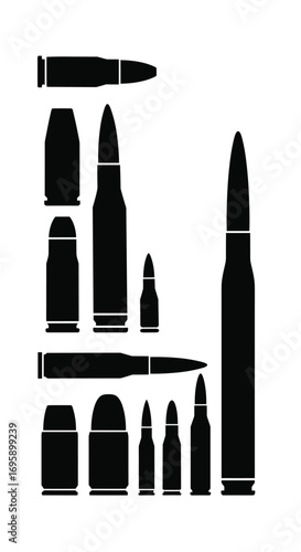 Collection of various types of ammunition cartridges displayed as silhouettes