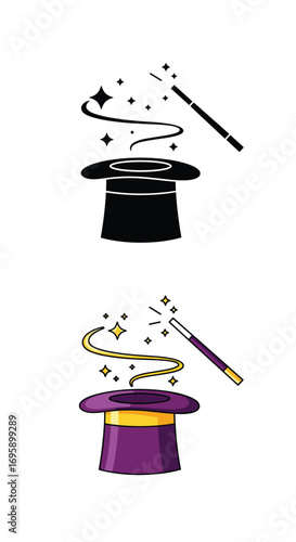 A magician hat with a wand emitting sparkles and swirls of magic