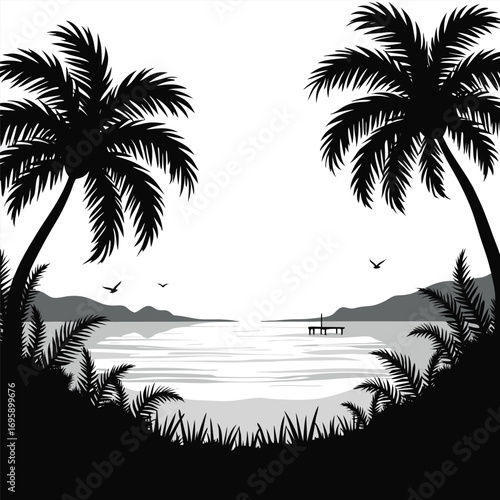 Tropical beach scene with palm trees, ocean, and distant mountains