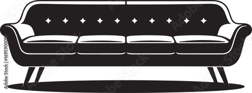 Stylish Four-Seater Sofa Silhouette with Cushions on Transparent Background Vector