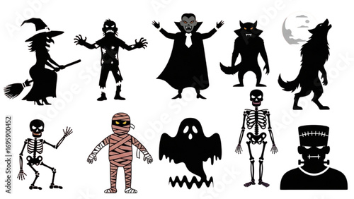 Halloween Monsters Silhouettes | Witch, Vampire, Zombie, Ghost, Werewolf, Skeleton, Mummy, Frankenstein Vector Set