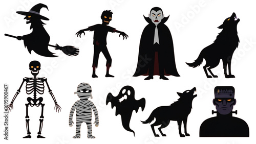 Halloween Monsters Silhouettes | Witch, Vampire, Zombie, Ghost, Werewolf, Skeleton, Mummy, Frankenstein Vector Set