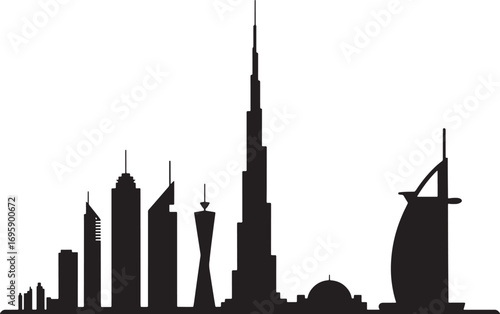 Monochrome Dubai Skyline Silhouette Vector Art with Famous Buildings and Urban Landscape