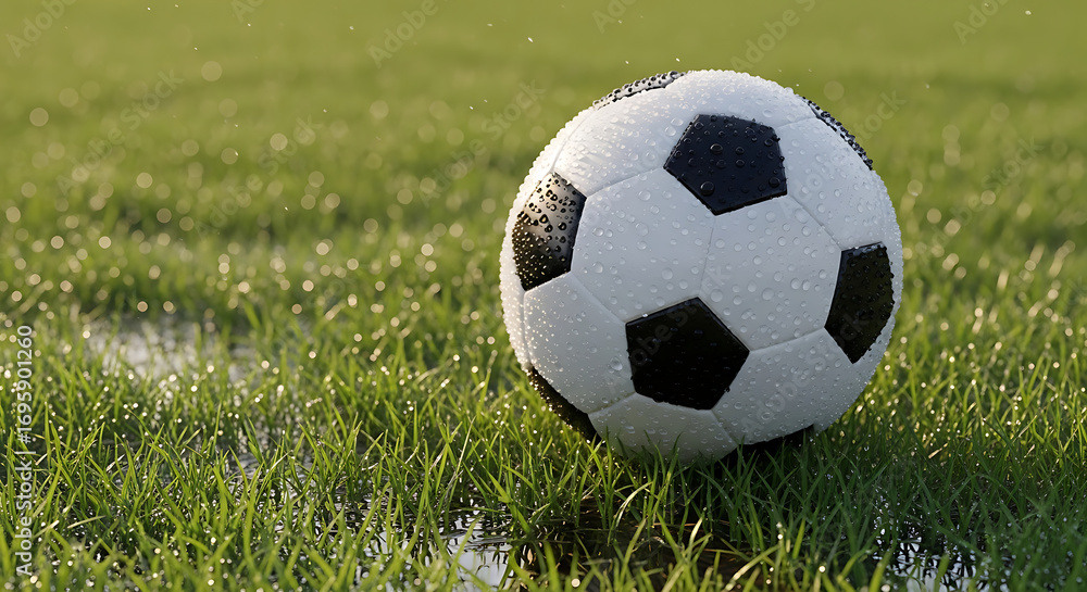 Fototapeta premium A soccer ball rests on a lush green field, partially wet with dew or rain.