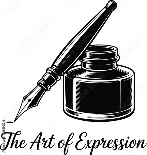 Inkwell and Quill Pen Illustration for Writing, Literature, and Creative Expression Themes