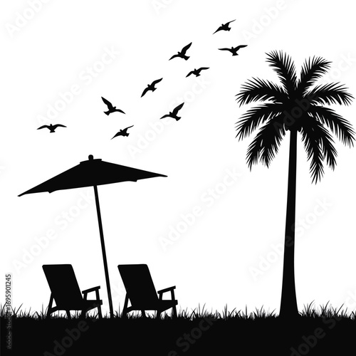 Tropical beach silhouette with single palm tree and chairs Keywords: beach, tropical, palm tree