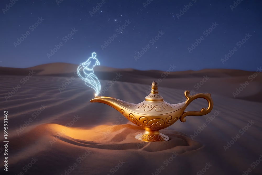 Naklejka premium Magical golden genie lamp emitting ethereal blue smoke in a vast desert under a starry night sky