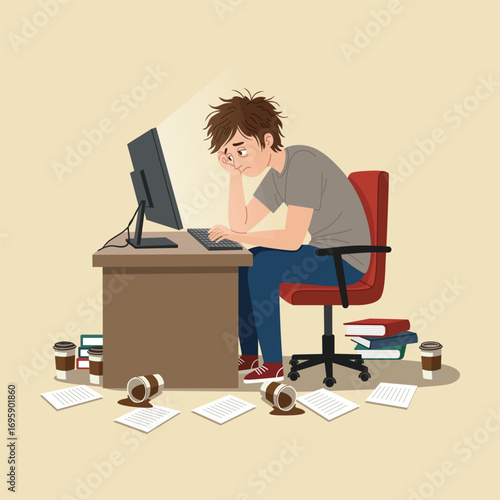 illustration of student sitting in front of a computer with blank expression, burnout vector concept