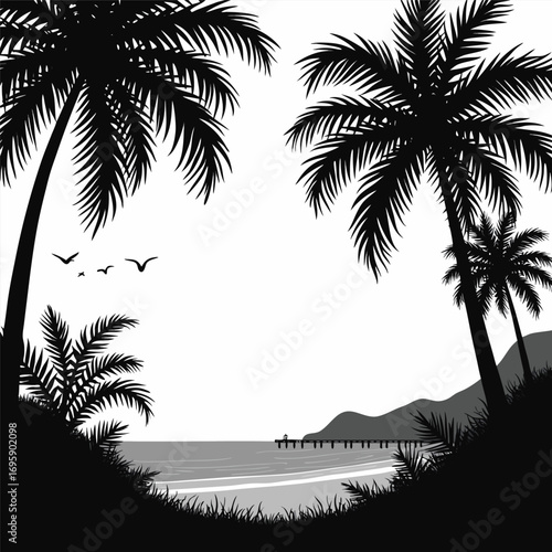 Tropical beach with distant pier and palm trees silhouette Keywords: tropical, beach, pier, dock