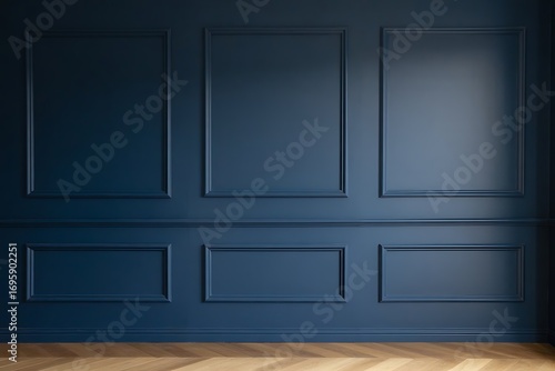 Elegant dark blue paneled wall with subtle light and shadow creating a sophisticated interior design backdrop for modern spaces