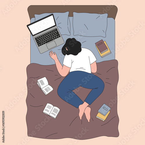 illustration of student lying on the bed with laptop and books scattered, depression and burnout vector concept